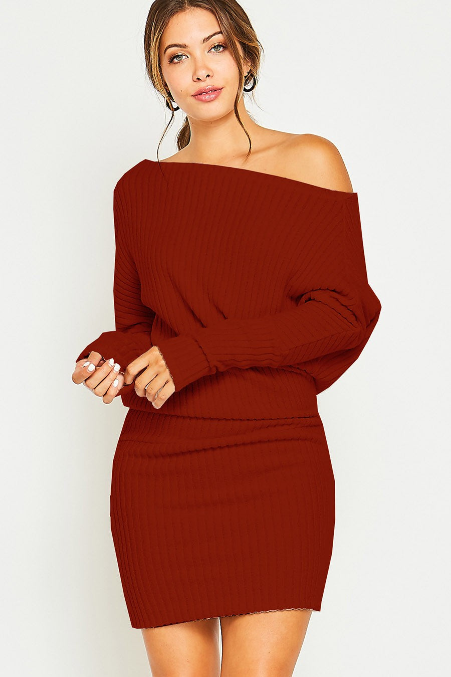 Katelyn One Shoulder Sweater Dress in Rust