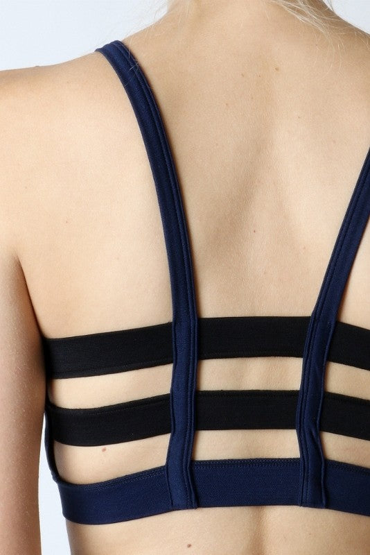 Three Band Strap Sports Bra in Navy and Black